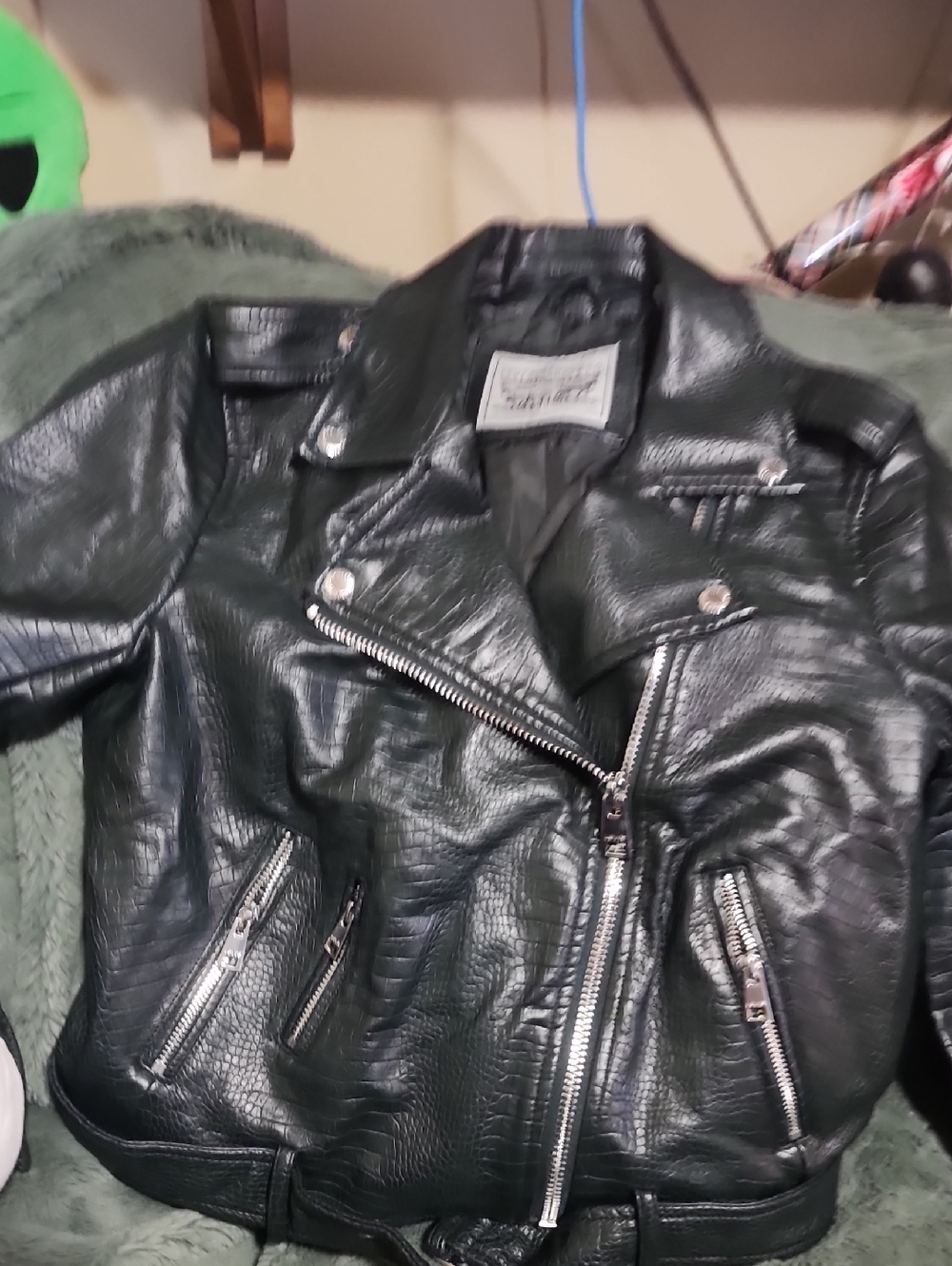 Dark Green Faux Leather Croc-Texture Levi Strauss Moto Jacket